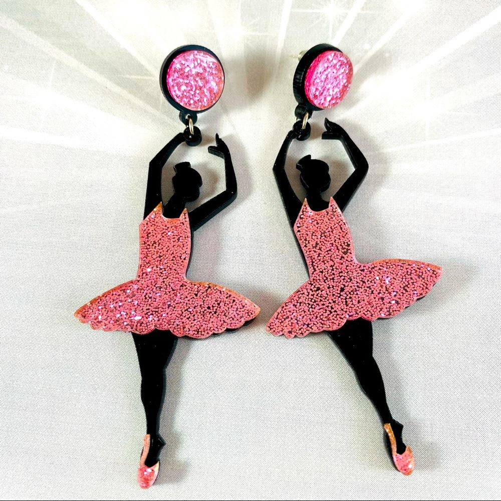 Adorable laser cut pink acrylic sparkle ballerina statement Kawaii earrings